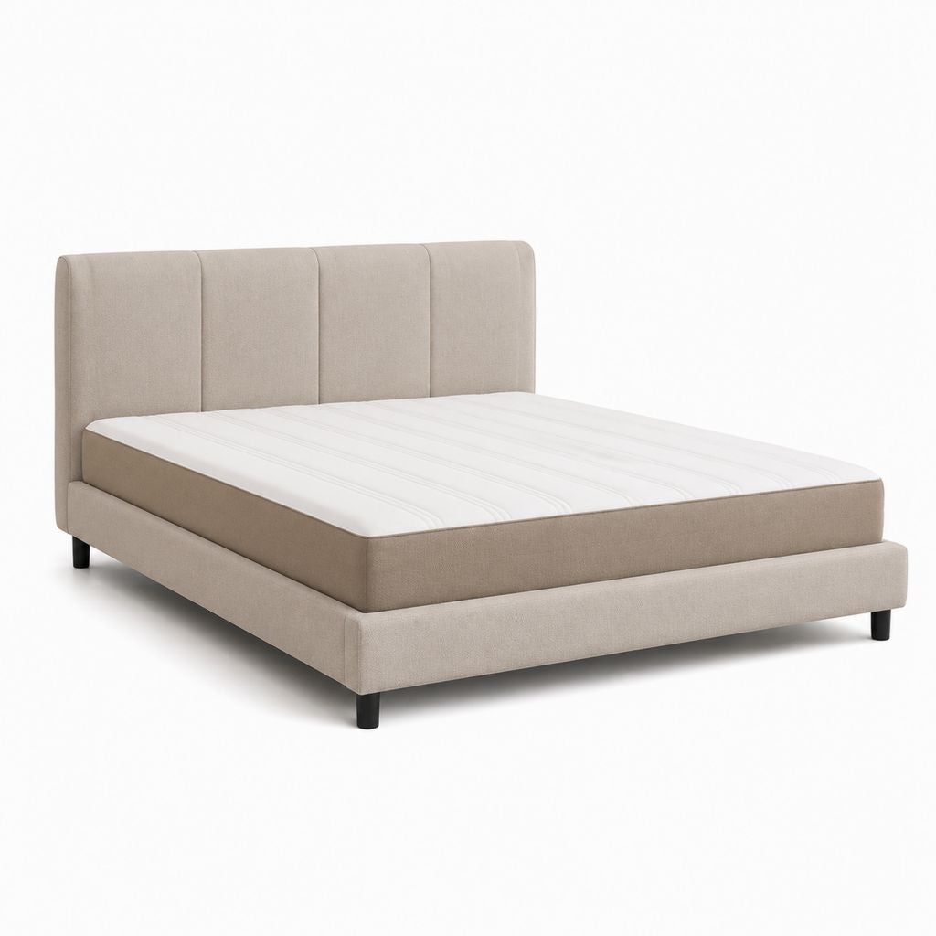 Letto matrimoniale imbottito beige in poliestere 160 x 200 cm con testiera alta