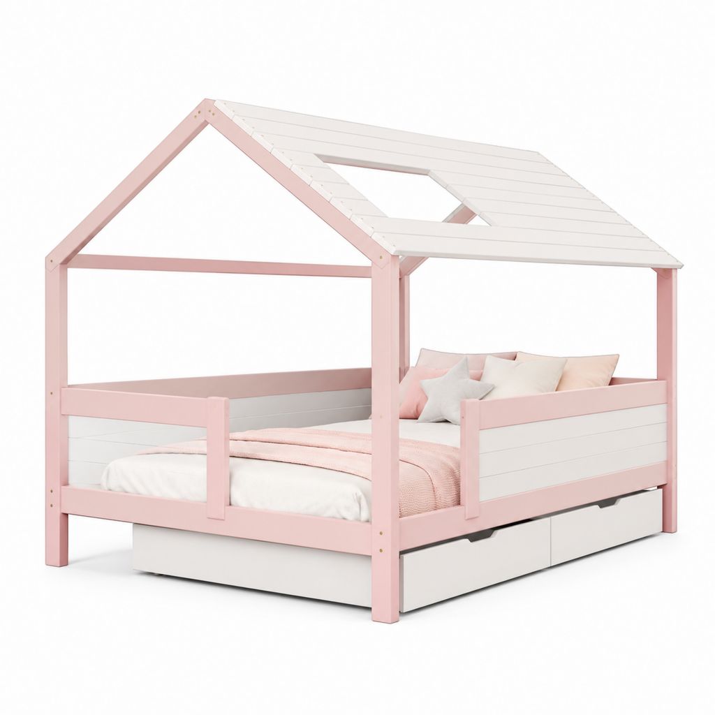 Letto a Casetta per Bambini Rosa e Bianco in Pino Massello 90 x 200 cm con 2 Cassetti 208 x 98 x 170 cm