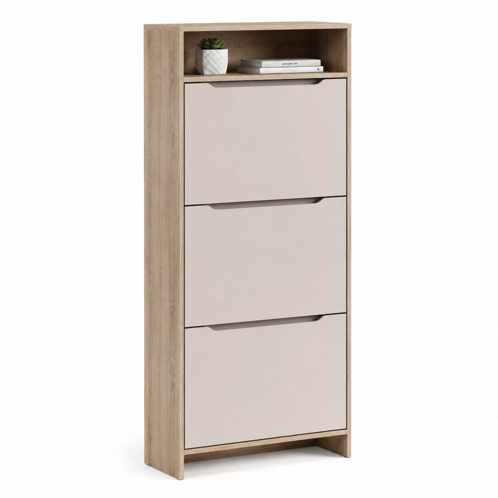 Scarpiera a ribalta 3 ante con vano a giorno rovere e tortora in pannello truciolare 60 x 24 x 120 cm