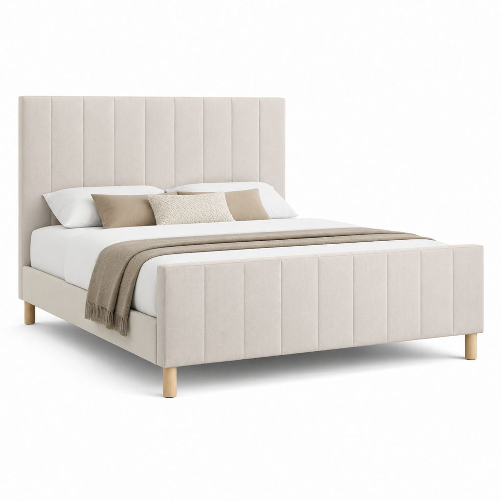 Letto matrimoniale imbottito beige in poliestere rettangolare con testiera alta 160 x 200 cm