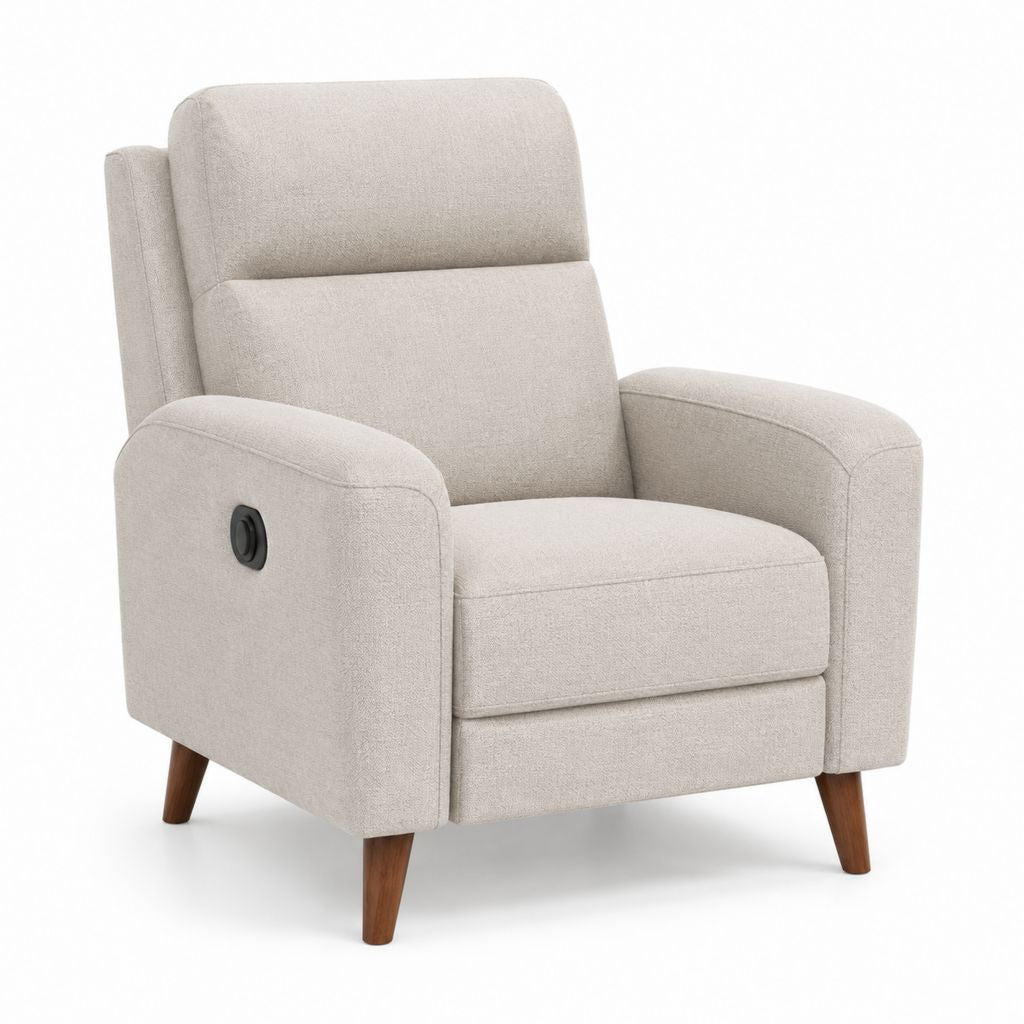 Poltrona reclinabile manuale beige in poliestere con gambe in legno massello 82 x 91 x 102 cm