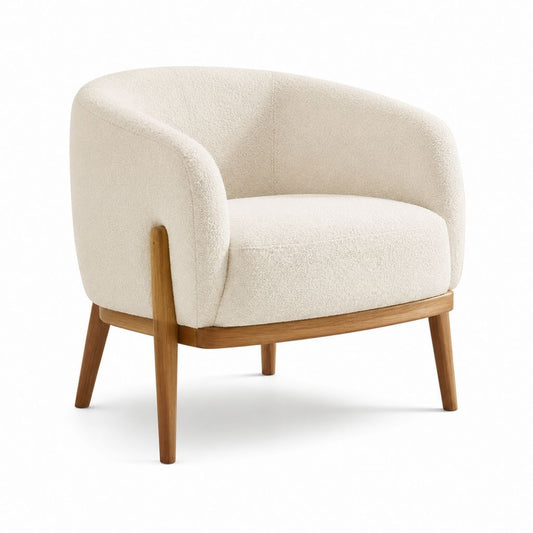 Poltrona da soggiorno avvolgente beige in poliestere bouclé con struttura in legno massello 76 x 74 x 76 cm