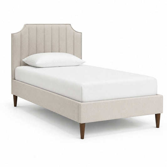 Letto singolo imbottito beige in poliestere con testiera sagomata 90 x 200 cm