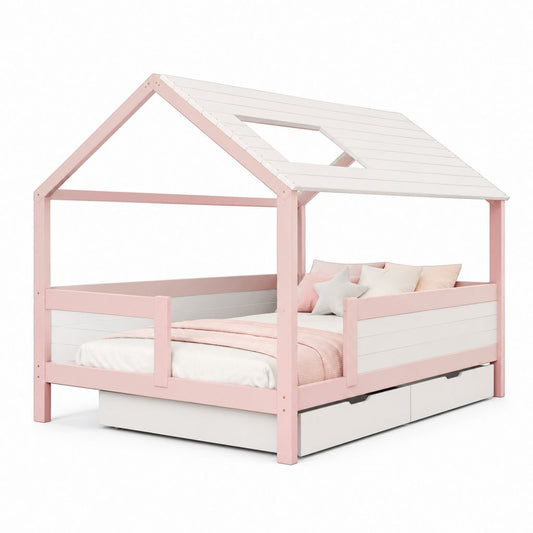 Letto a Casetta per Bambini Rosa e Bianco in Pino Massello 90 x 200 cm con 2 Cassetti 208 x 98 x 170 cm