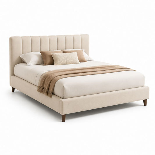 Letto matrimoniale imbottito beige in poliestere con testiera verticale 160 x 200 cm