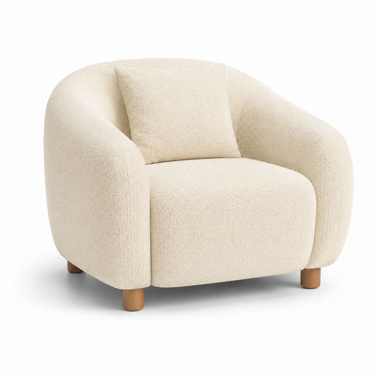 Poltrona da soggiorno bouclé color crema con cuscino e gambe in legno massello 82 x 78 x 76 cm