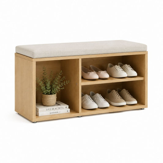 Scarpiera con panca imbottita rovere naturale e beige in MDF rettangolare 100 x 35 x 50 cm