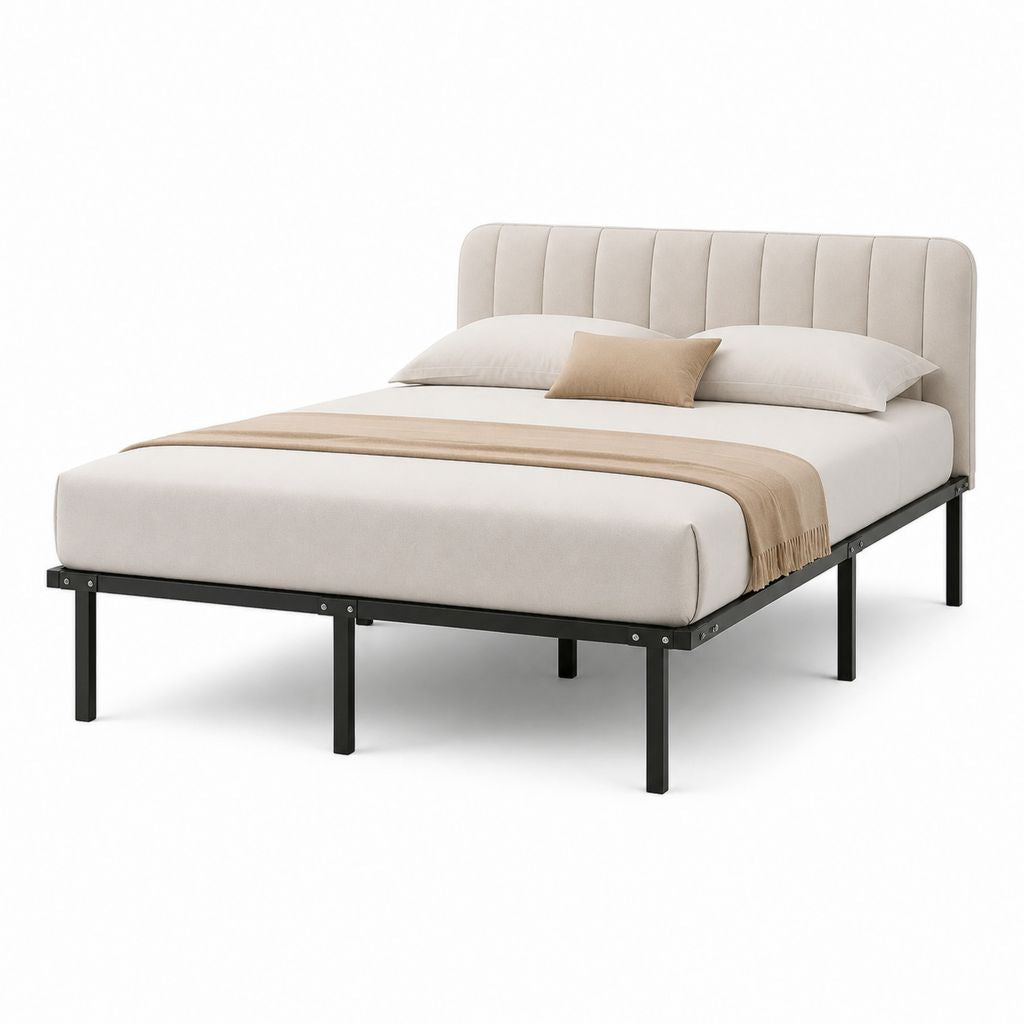 Letto matrimoniale rettangolare beige in poliestere e acciaio 160 x 200 cm