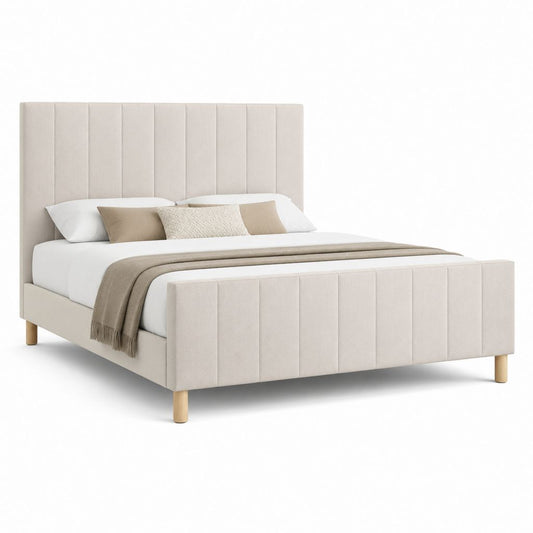 Letto matrimoniale imbottito beige in poliestere rettangolare con testiera alta 160 x 200 cm