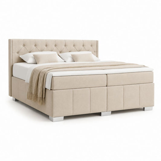 Letto matrimoniale imbottito beige con testiera capitonné in poliestere 160 x 200 cm