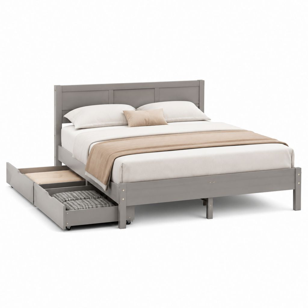 Struttura letto matrimoniale con cassetto estraibile grigio in legno massello di pino rettangolare 160 x 200 cm