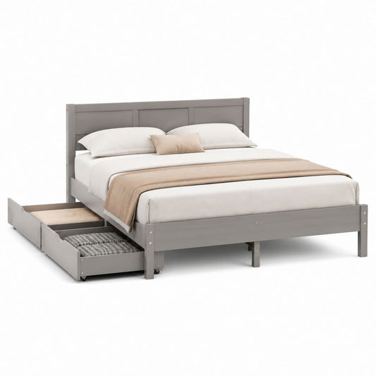 Struttura letto matrimoniale con cassetto estraibile grigio in legno massello di pino rettangolare 160 x 200 cm