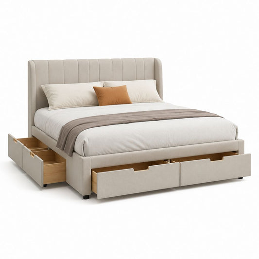 Letto matrimoniale con 4 cassetti beige in poliestere 160 x 200 cm