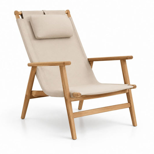 Sedia da giardino reclinabile beige in legno massello di acacia e poliestere 70 x 95 x 100 cm