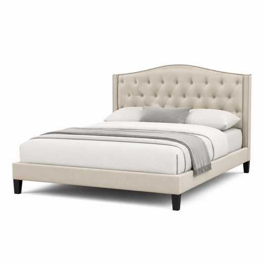 Letto matrimoniale rettangolare beige in poliestere con testiera capitonné 160 x 200 cm 172 x 218 x 125 cm