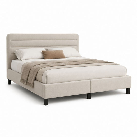 Letto matrimoniale imbottito rettangolare beige in poliestere con testiera 160 x 200 cm