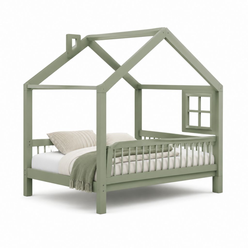 Letto a casetta per bambini verde in pino massello 90x200 cm