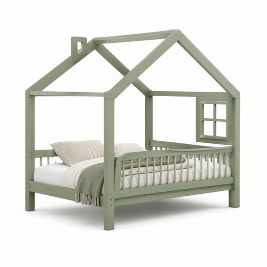 Letto a casetta per bambini verde in pino massello 90x200 cm